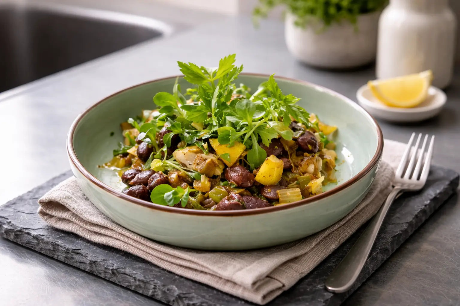 Käferbohnen-Gemüse mit Birnen-Rucola-Salat