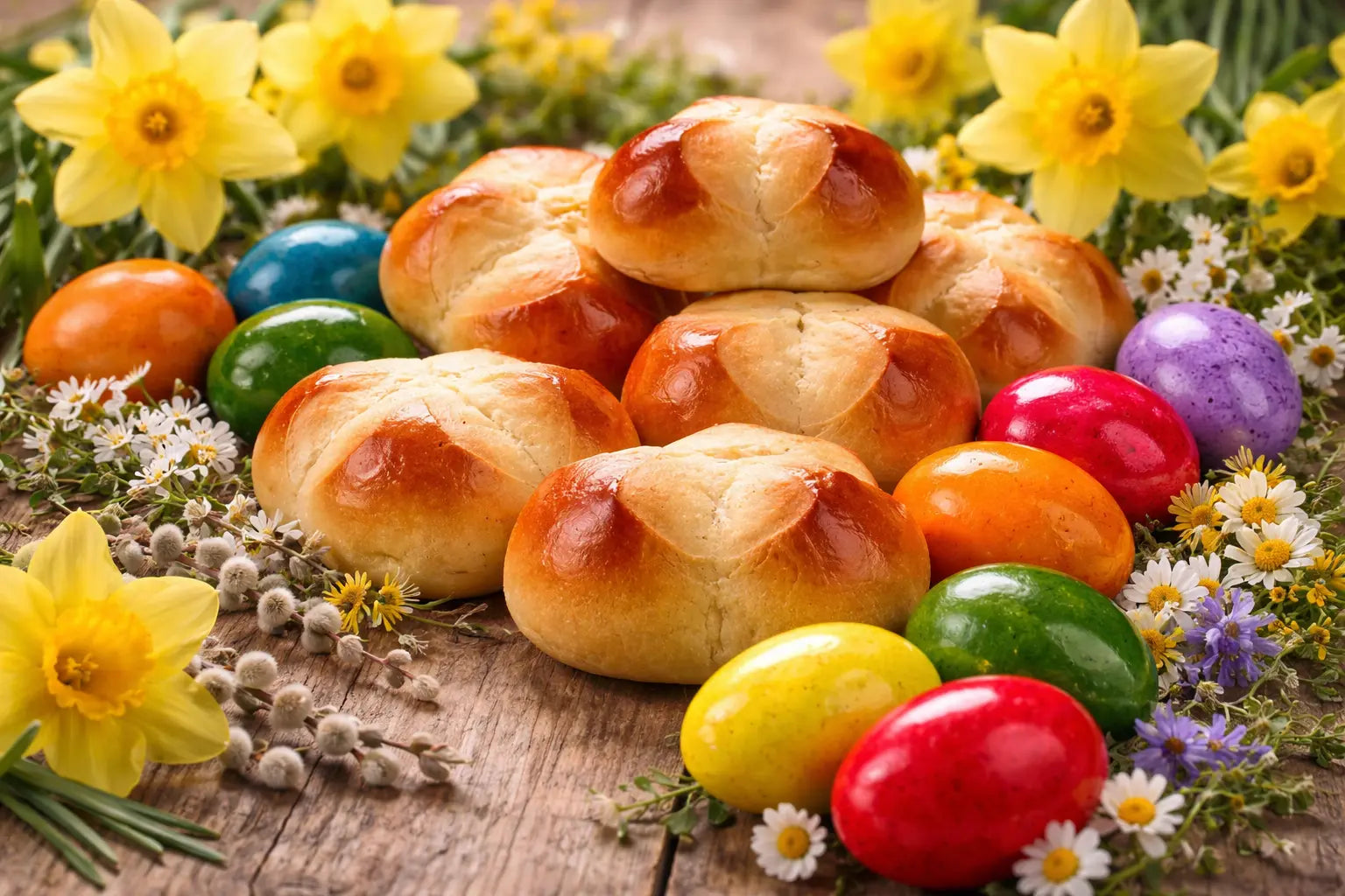 Flaumige steirische Osterpinzen mit Ostereiern und Narzissen