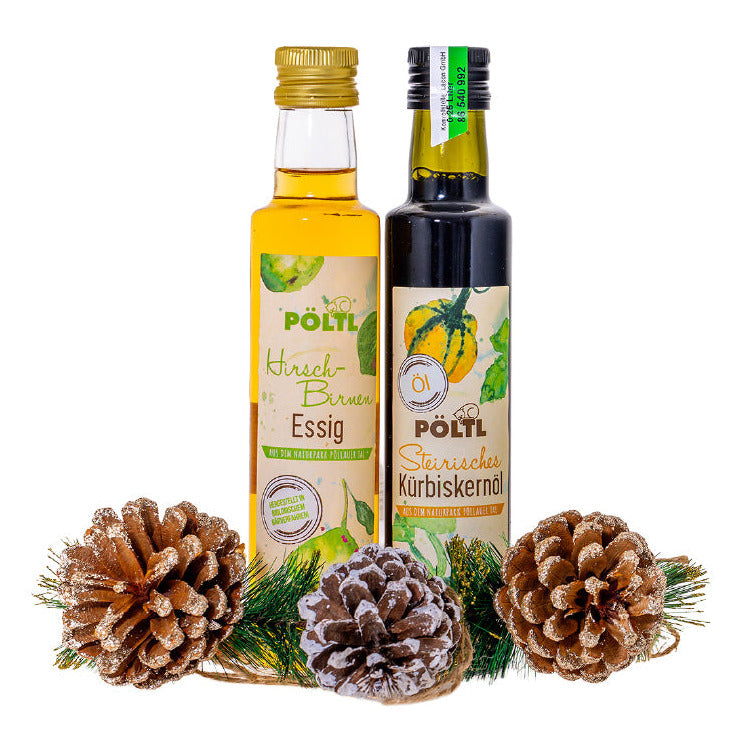 Geschenkpaket Hirschbirnenessig und Kürbiskernöl-Set